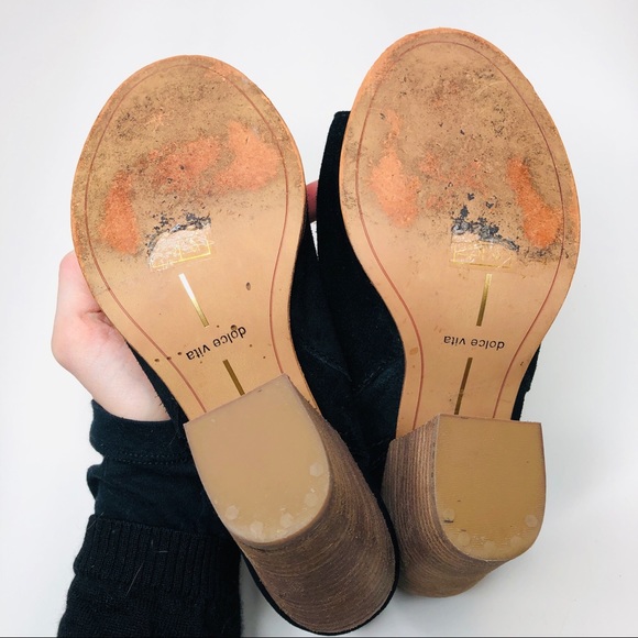 Dolce Vita Black Suede Peeptoe Booties Women's size 7 Stacked Block Heel Cutout - Picture 4 of 6